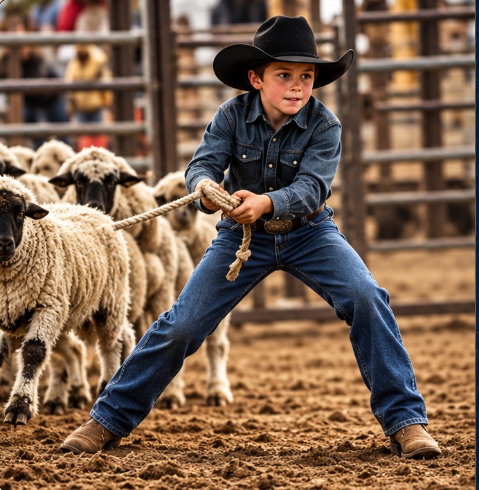 A young competitor in a cowboy hat bracing on a rope in the arena.